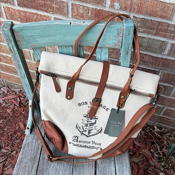 Myra Bag Handbags - Myra Bag High Seas Upcycled Cream and Brown Anchor Shoulder Bag/Tote